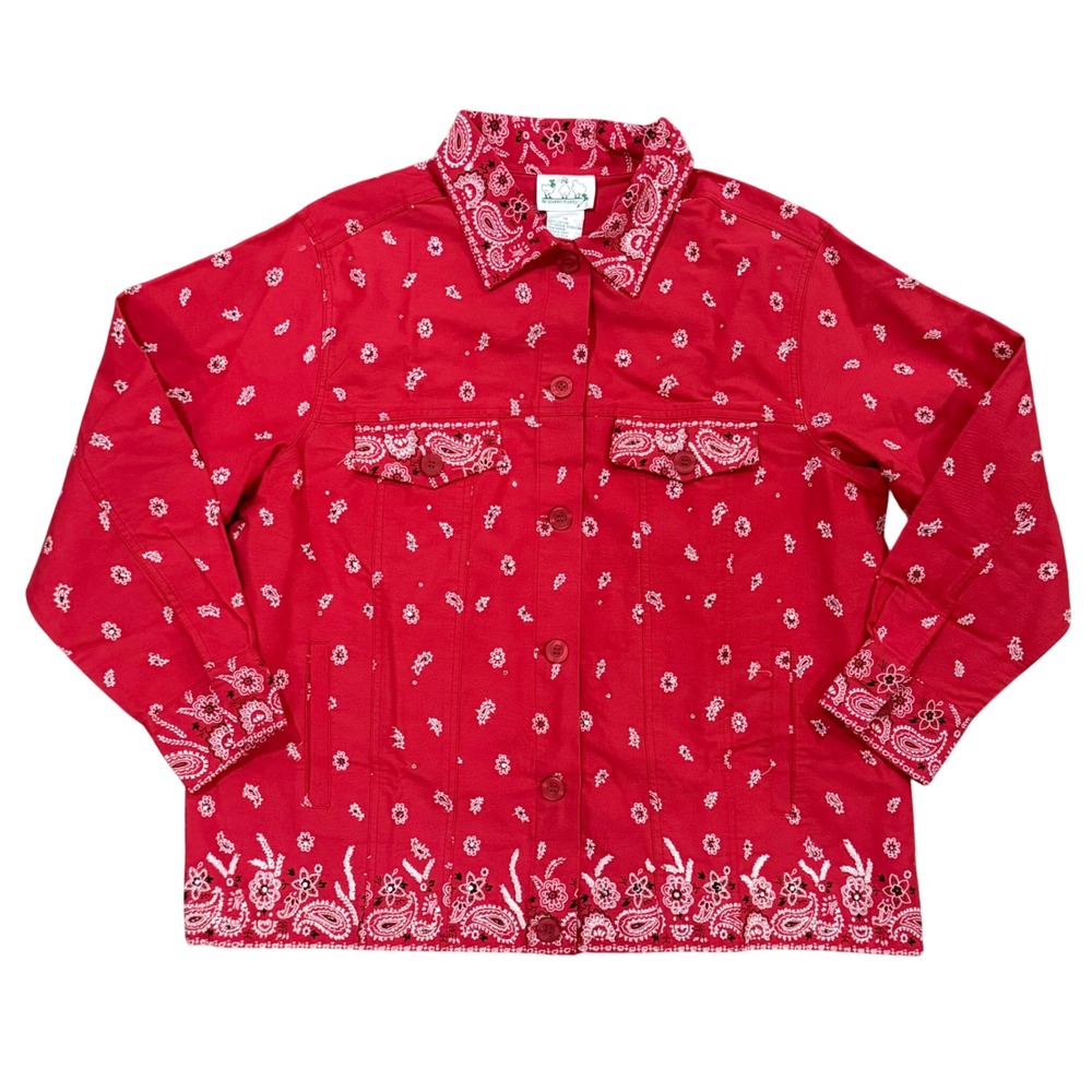 VTG Quacker Factory Red Bandana Paisley Beaded Denim Jacket Womens 1X NEW